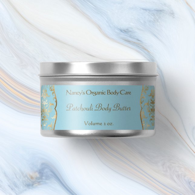 Kosmetikett för ljusblå folie och guld 1 returadress etikett (Skapare uppladdad)