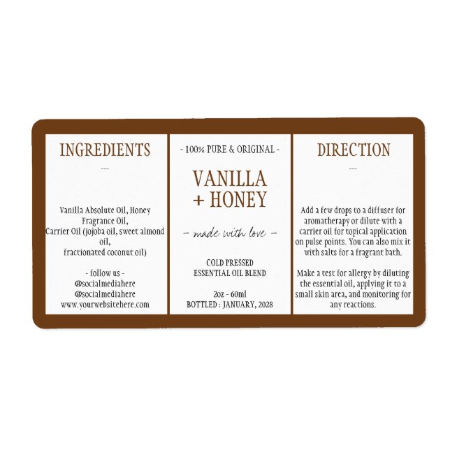 Kosmetiska Vanilj Honung Ingredienser brun Fraktsedel (Framsidan)
