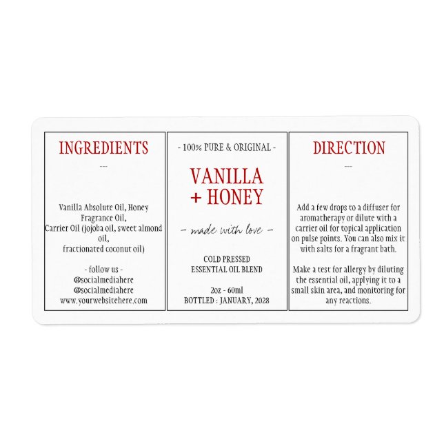 Kosmetiska Vanilj Honung Ingredienser Fraktsedel (Framsidan)