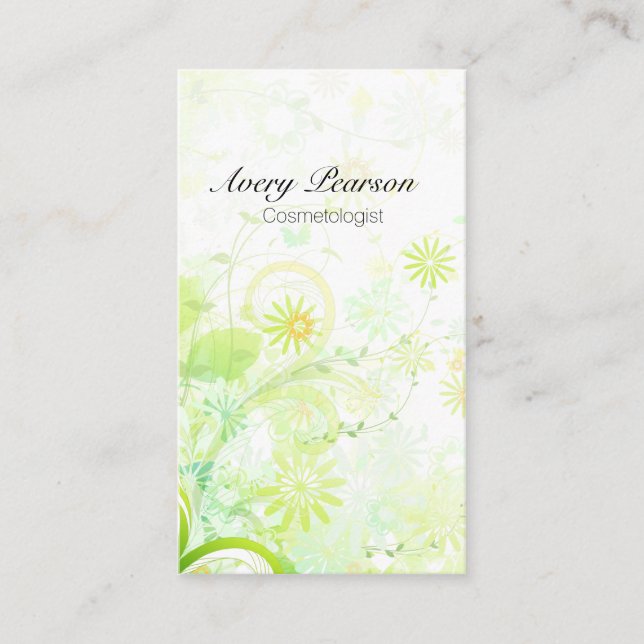 Kosmetolog Elegant Pastel Grönt Flowers Swirls Visitkort (Framsida)