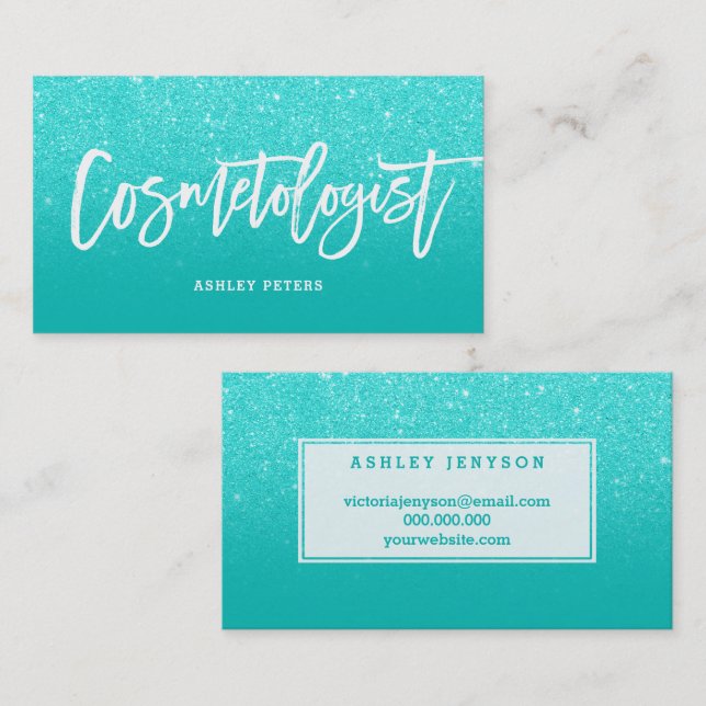 Kosmetolog elegant typography faux aqua glitter visitkort (Fram/baksida)