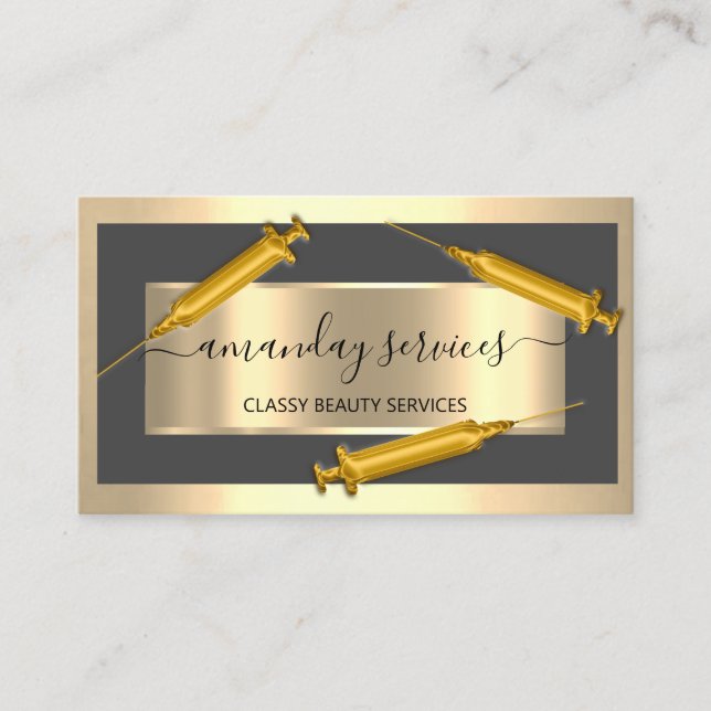 Kosmetolog Syringe Botox B12 QRCode Grått Golden Visitkort (Framsida)