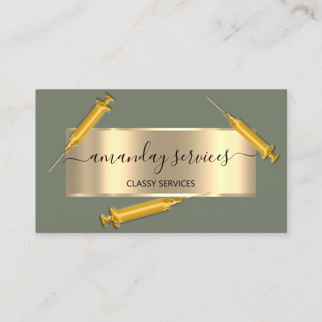 Kosmetolog Syringe Botox B12 QRCode Mint Guld Visitkort (Framsida)