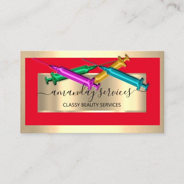 Kosmetolog Syringe Botox B12 QRCode Red Golden Visitkort (Framsida)