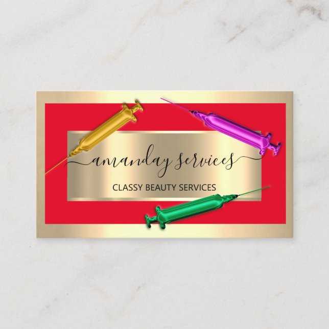 Kosmetolog Syringe Botox B12 QRCode Red Guld Visitkort (Framsida)