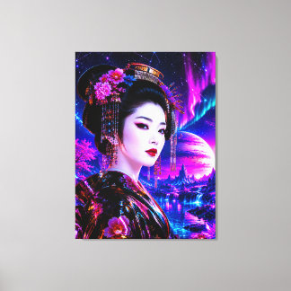Kosmische Geisha im Neon‑Traumland Canvastryck