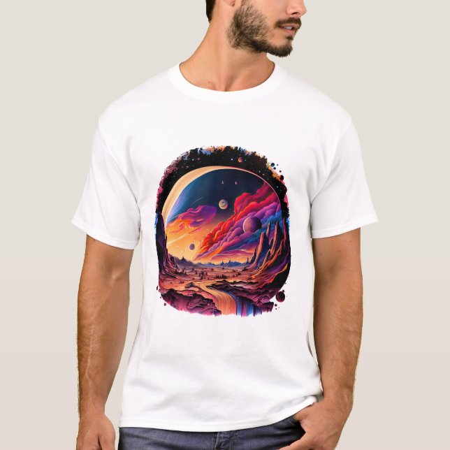 Kosmische Landschaft mit Planeten und Bergen T Shirt (Framsida)