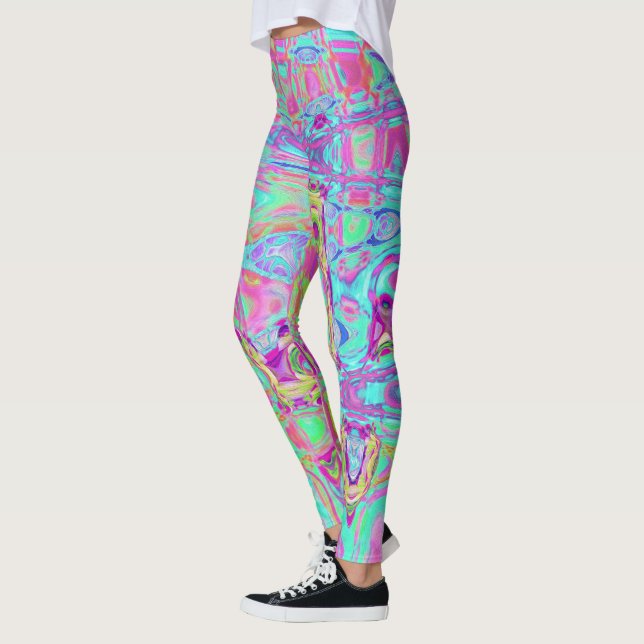 Kosmisk Abstrakt Aqua och Shock rosa Retro Ripples Leggings (Vänster)