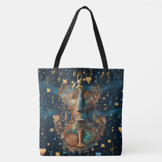Kosmisk blå och guld rokoko violin stor tote tygkasse (Framsida)