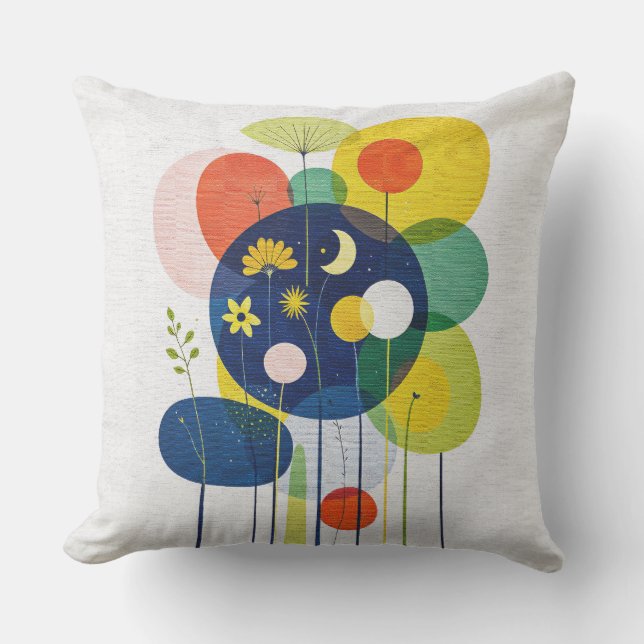Kosmisk Blommig Mid Century Modern Boho Abstrakt Kudde (Framsida)