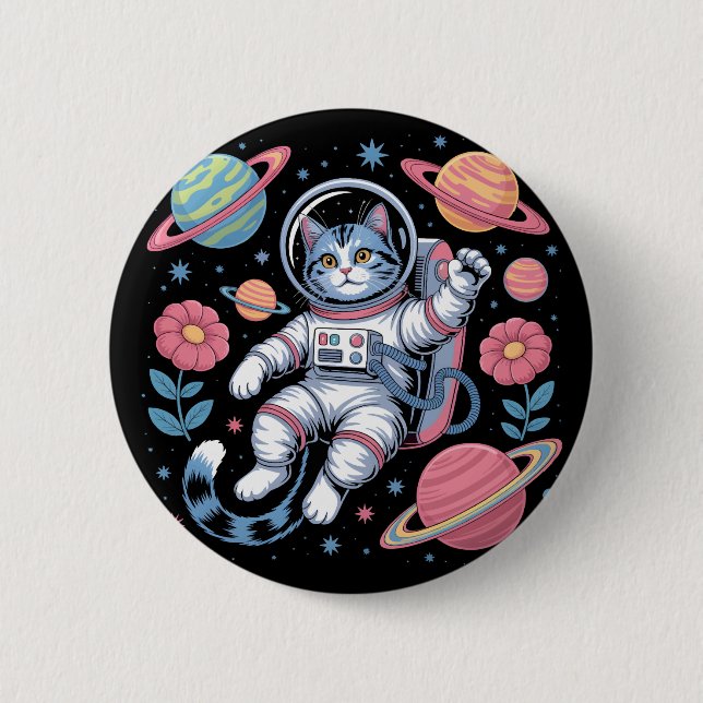 Kosmisk catstronaut i Neon Space Vaporwave Knapp (Framsida)