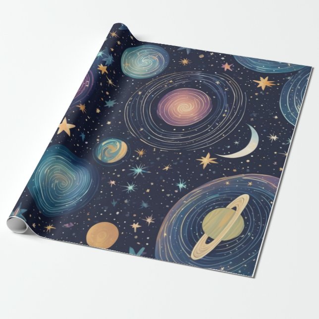 kosmisk design med snurrande galaxer presentpapper (Utrullad)