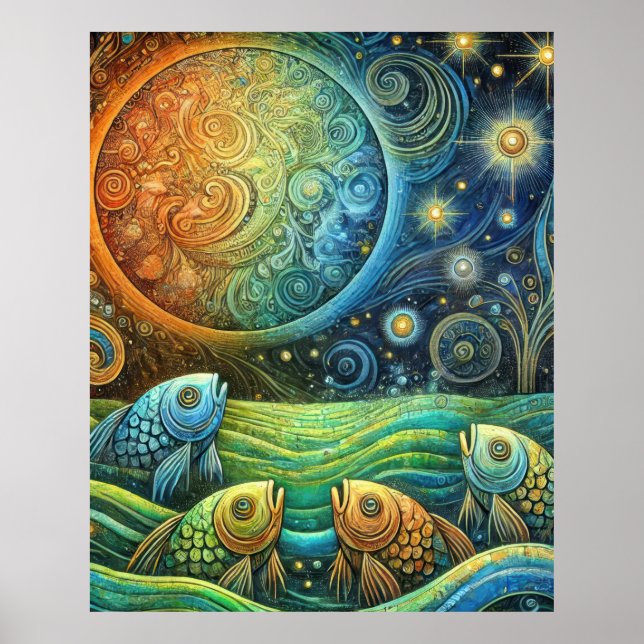 Kosmisk fisk och himmelskt sol Levande havsvågor Poster (Framsidan)