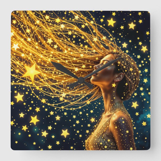 Kosmisk kvinna med glödande gyllene hår fyrkantig klocka (Framsida)