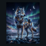 Kosmisk Varg Under Aurora Himlen Poster<br><div class="desc">En majestätisk kosmisk varg står stolt på en frusen himmelsrygg, dess kropp formats av lysande nebulosmoln, skimrande stjärnhopar och rymdtexturer. Strålande ögon lyser som avlägsna stjärnor, medan dess päls flödar med subtila stjärnbilder och lysande energi. Uppställd i en surrealistisk kosmisk tundra av isig terräng, avlägsna planeter och auroralysande himmel, fångar...</div>