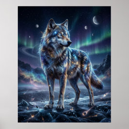 Kosmisk Varg Under Aurora Himlen Poster