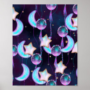 Kosmiska bubblor Blåa Lila Måne Stars Planets Poster