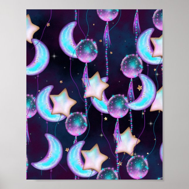 Kosmiska bubblor | Blåa Lila Måne Stars Planets Poster (Framsidan)