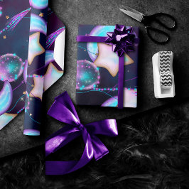 Kosmiska bubblor | Blåa Lila Måne Stars Planets Presentpapper