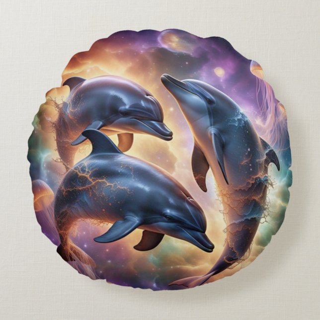 Kosmiska delfiner och maneter i rymden rund kudde (Framsidan)