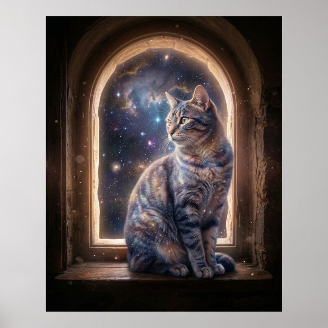 Kosmiska Katt Stjärnfönster Poster (Framsidan)