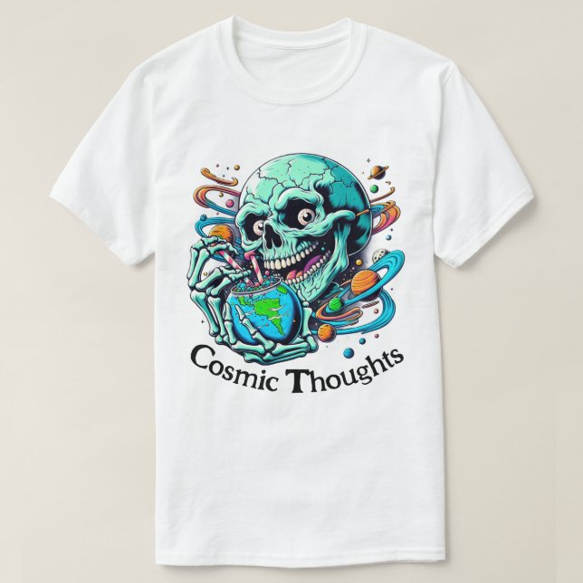 Kosmiska tankar" Vibrant Skull och jord T Shirt (Design framsida)