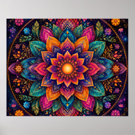 KOSMISKT ÄDELSTENSFÄRGAT BLOMMAMANDALA KONST POSTER