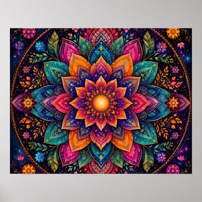 KOSMISKT ÄDELSTENSFÄRGAT BLOMMAMANDALA KONST POSTER (Framsidan)