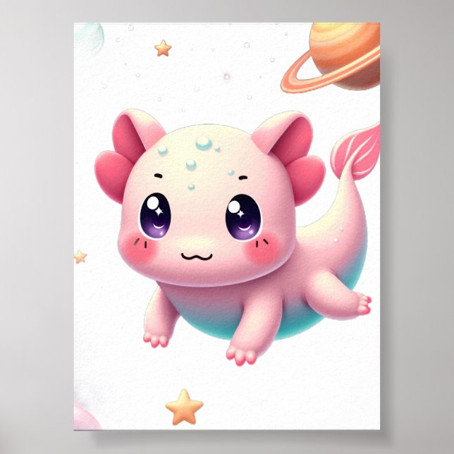 Kosmiskt Axolotl-Galax Kawaii-dekal Poster (Framsidan)