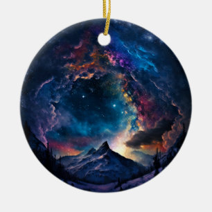 Kosmiskt bergsområde liggande julgransprydnad keramik