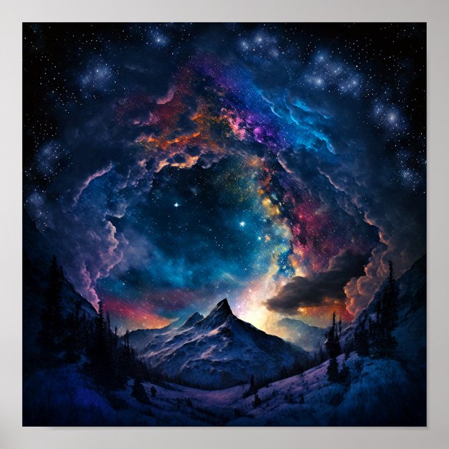 Kosmiskt bergsområde liggande poster (Framsidan)