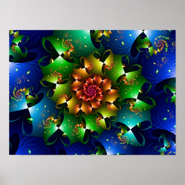 Kosmiskt Blått Lime Starburst Blommig Fraktal Poster (Framsidan)