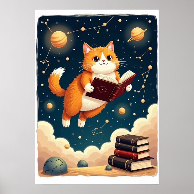 Kosmiskt bokmask katt rymd läsning Sticker T-shirt Poster (Framsidan)