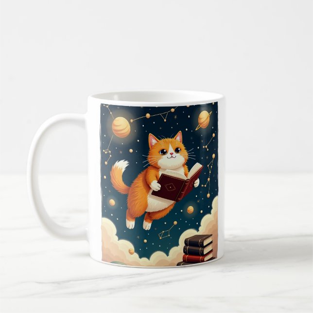 Kosmiskt bokmask katt rymdläsning Sticker T-shirt Kaffemugg (Vänster)