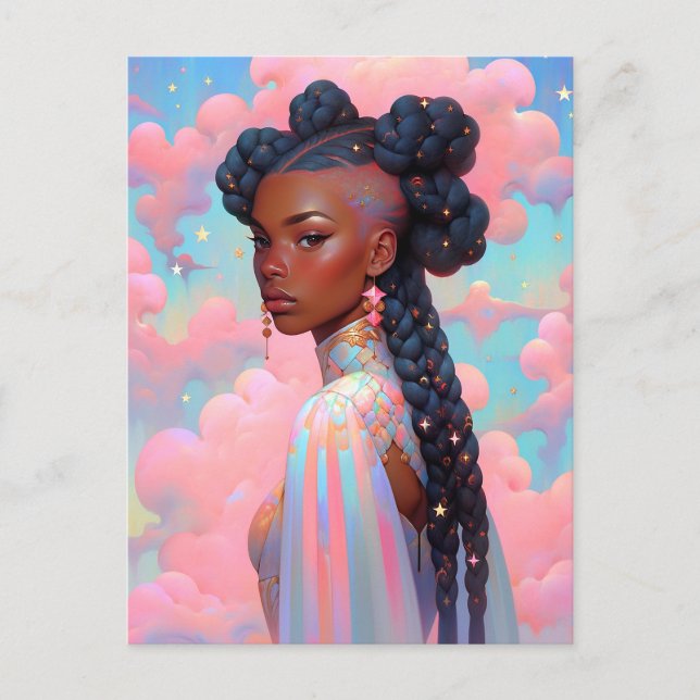Kosmiskt dam- afroamerikansk fantasikonst vykort (Framsida)