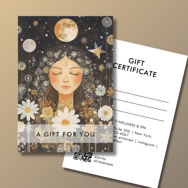 Kosmiskt flickaktig Boho-måne QR-kod presentkort (Cosmic Girl Boho Moon QR Code Salon Gift Certificate Brown & Gold)