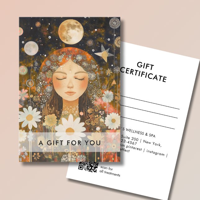 Kosmiskt flickaktigt Boho-mån QR-kod presentkort (Cosmic Girl Boho Moon QR Code Salon Gift Certificate Orange & Gold)