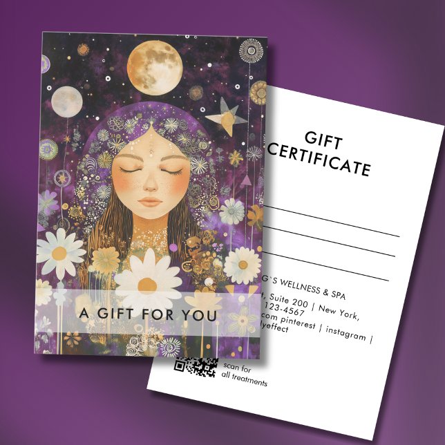 Kosmiskt flickaktigt Boho-mån QR-kod presentkort (Cosmic Girl Boho Moon QR Code Salon Gift Certificate Purple & Gold)