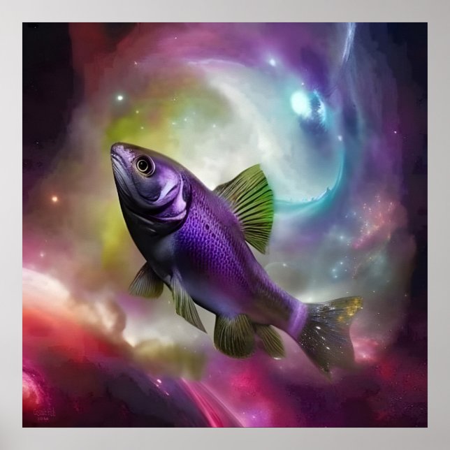 Kosmiskt flygande fisk AI-fantasi digitalt konsttr Poster (Framsidan)