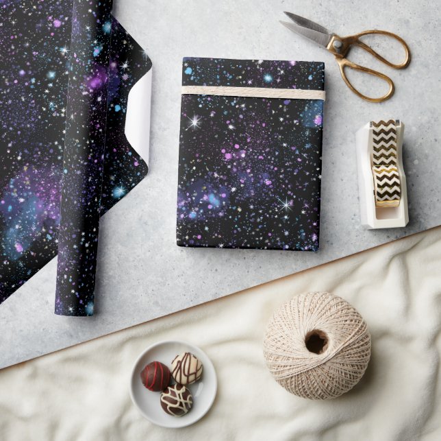Kosmiskt galaxblandat svart glittermönster presentpapper (Hantverk)