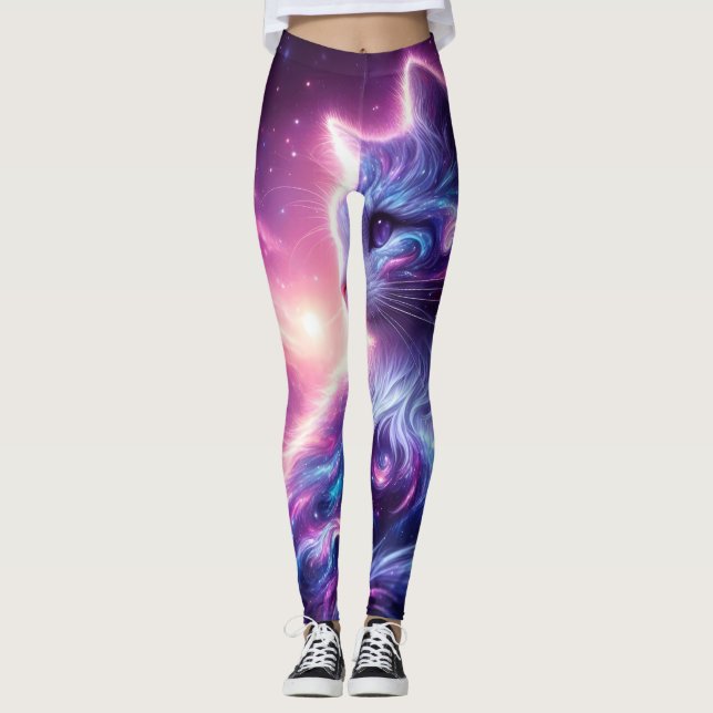 Kosmiskt Galaxy Mystiskt Kattdjur Celestialt Leggings (Framsida)