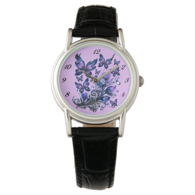Kosmiskt gnistrande fjärilar rosa armbandsur (Framsida)