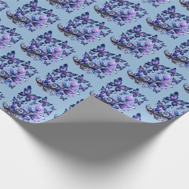 Kosmiskt gnistrande fjärilmönster blått presentpapper (Hörn)