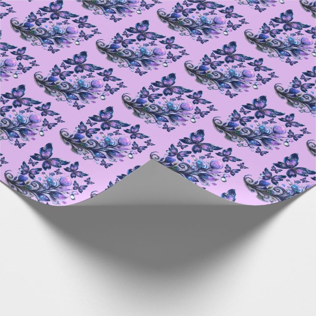 Kosmiskt gnistrande fjärilmönster rosa presentpapper (Hörn)