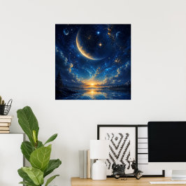Kosmiskt halvmånefantasilandskap — Blått guld Poster