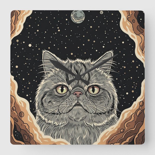 Kosmiskt Katt Fyrkantig Klocka (Framsida)