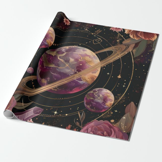 Kosmiskt kristallringat planet fantasykonstverk presentpapper (Utrullad)