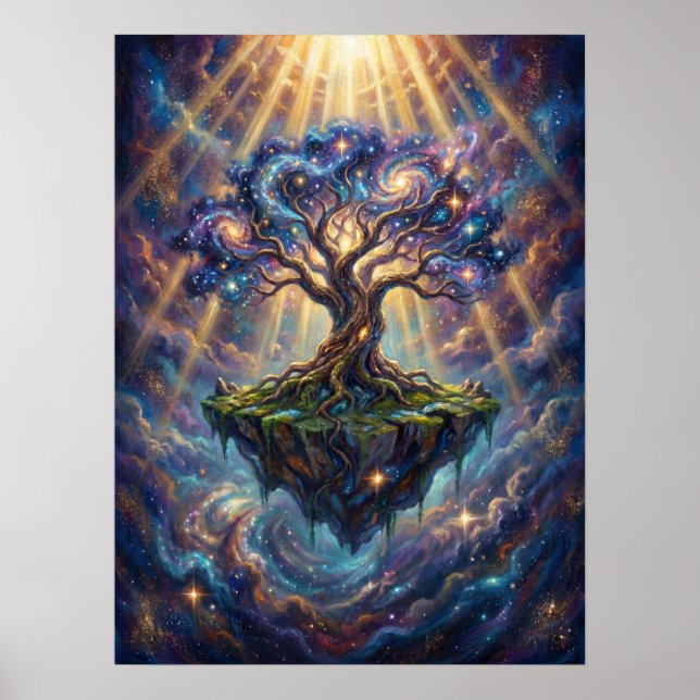 Kosmiskt Livsträd på Flytande Ö Poster (Framsidan)
