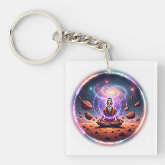 Kosmiskt meditationsfigurs nyckelring i akryl (Framsidan)