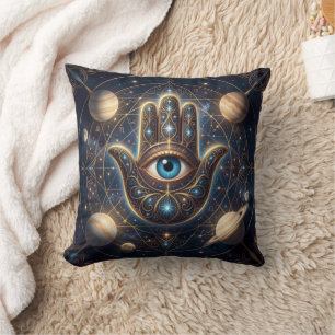Kosmiskt Navy Guld Celestial Hamsa Ondskans Öga Kudde